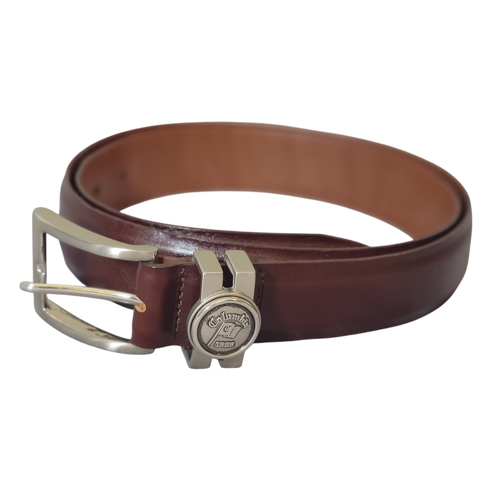 YRI Mens‎ Brown Leather Belt Solid Brass Silver Buckle Columbia Country Club 36